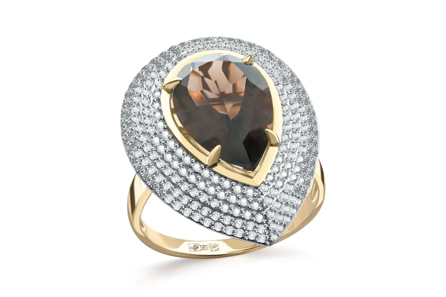 Кольцо из жёлтого золота с раухтопазом и 246 фианитами