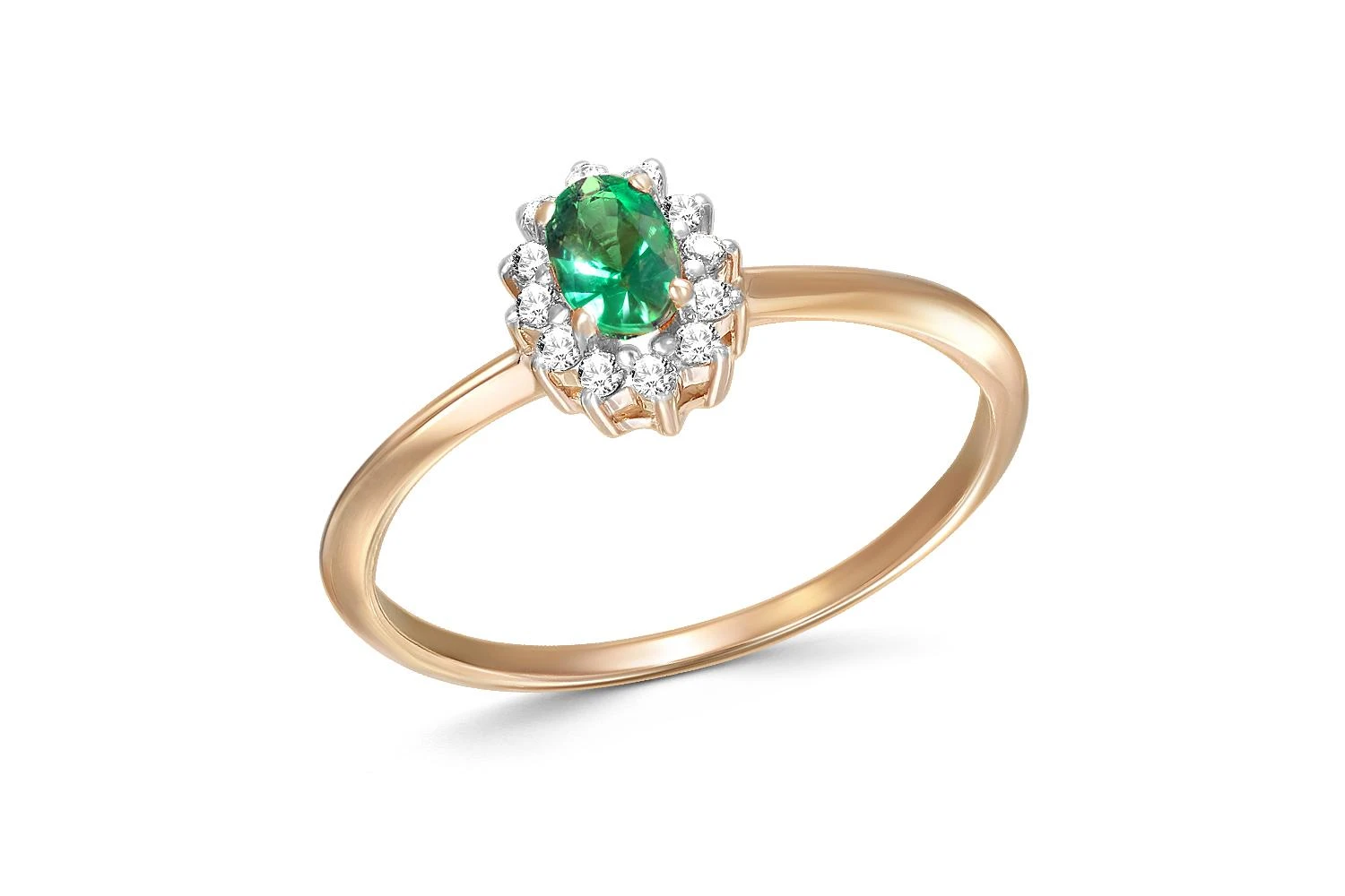 Кольцо из красного золота с изумрудом и 12 бриллиантами