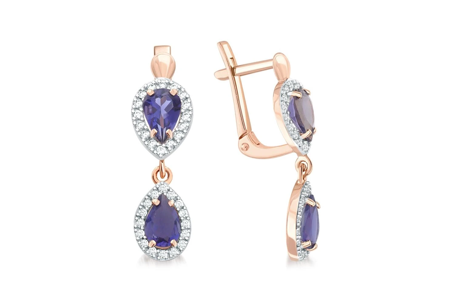 Серьги из красного золота с 4 иолитами и 64 фианитами