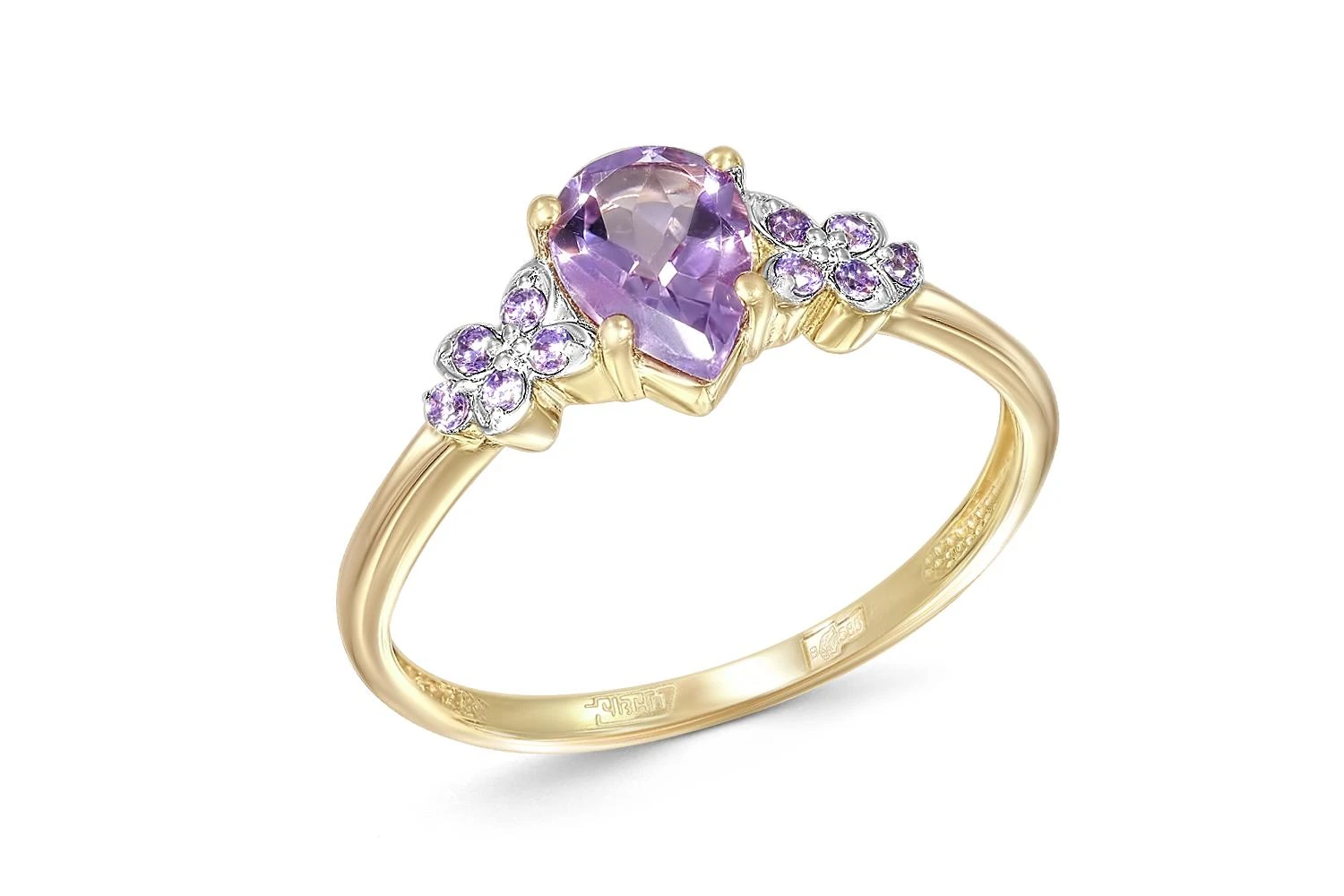 Кольцо Цветок из жёлтого золота с аметистом и 10 фианитами
