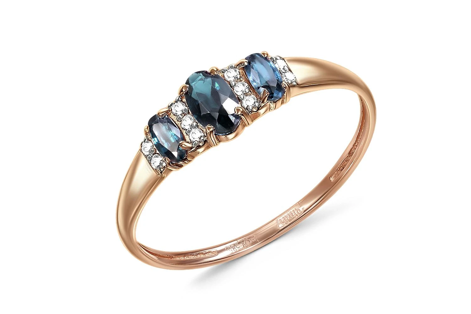Кольцо из красного золота с 3 топазами лондон и 10 фианитами