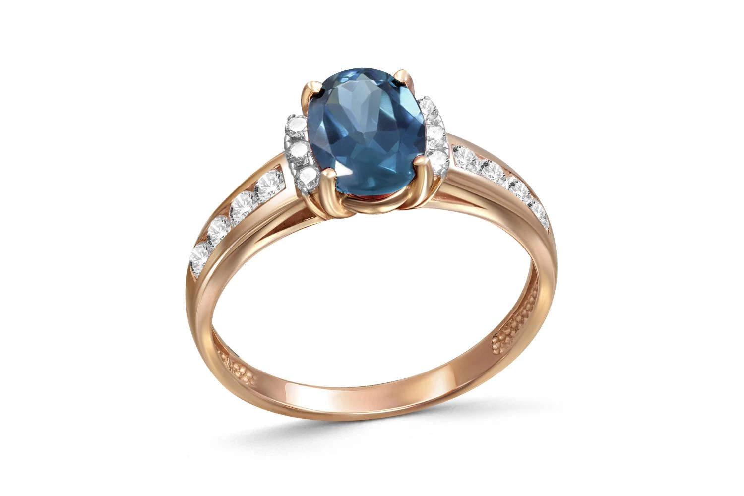 Кольцо из красного золота с топазом лондон и 14 фианитами