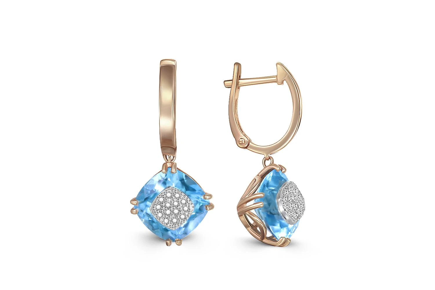 Серьги из красного золота с 2 топазами swiss и 28 фианитами