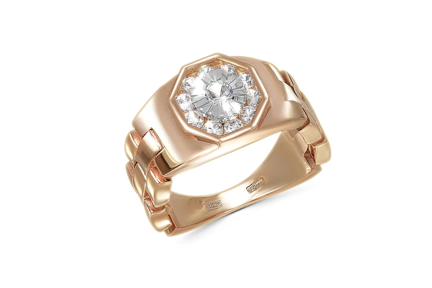 Печатка из красного золота с 11 фианитами