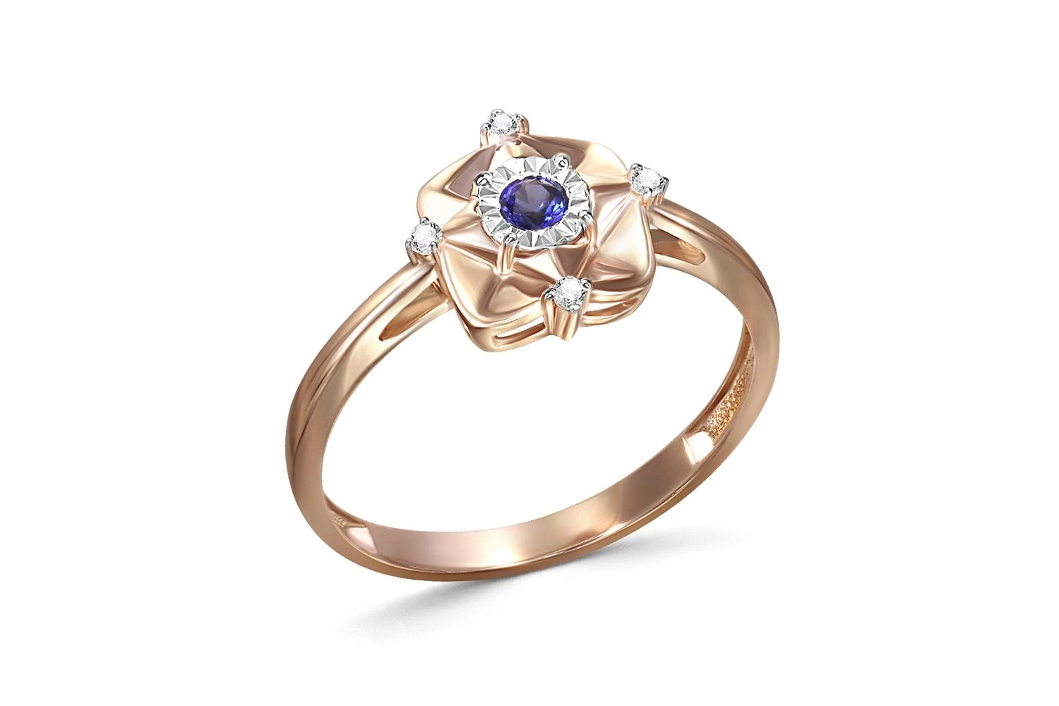 Кольцо из красного золота с корундом и 4 фианитами