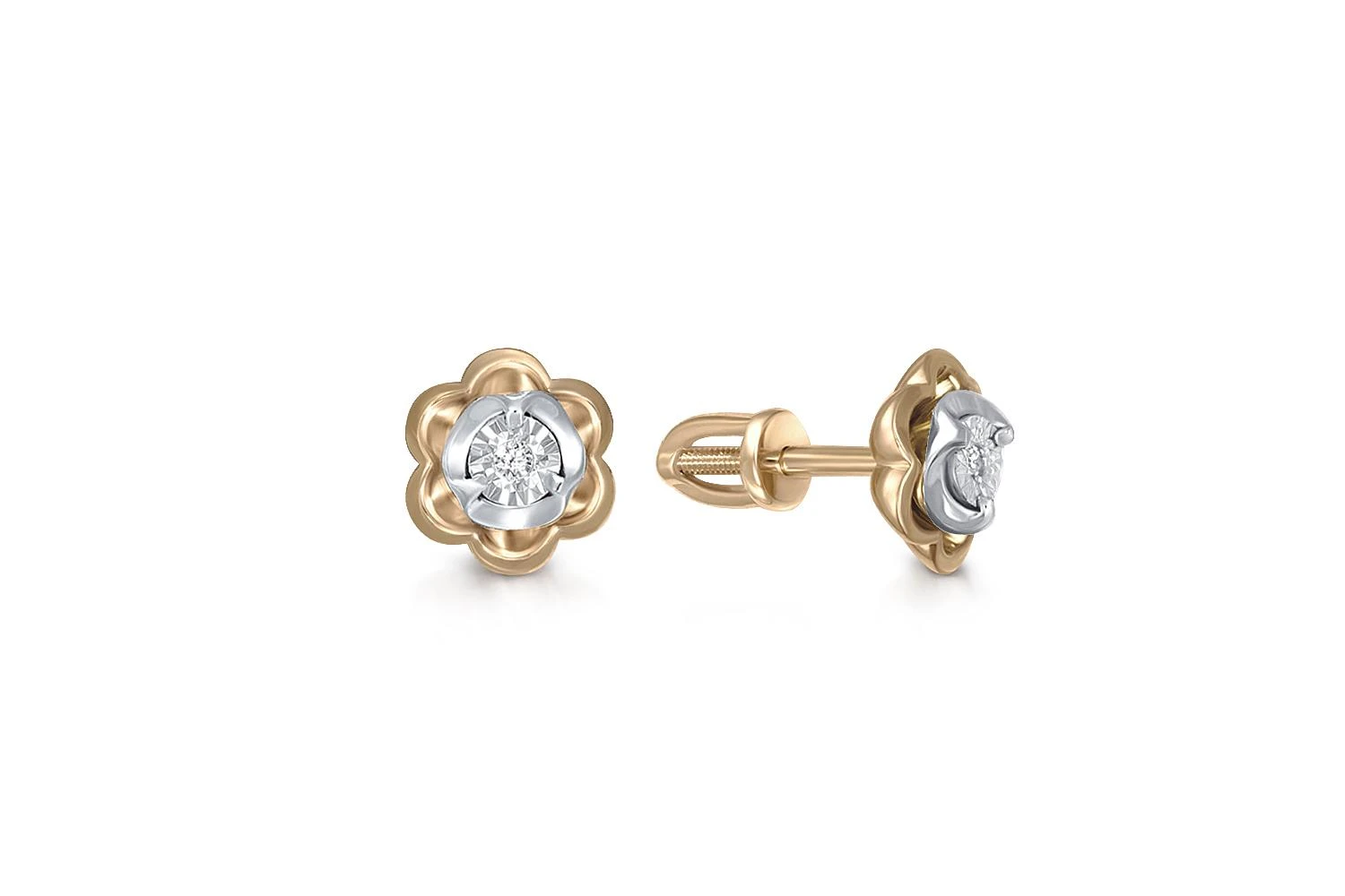 Серьги-пусеты Цветы из жёлтого золота с 2 бриллиантами