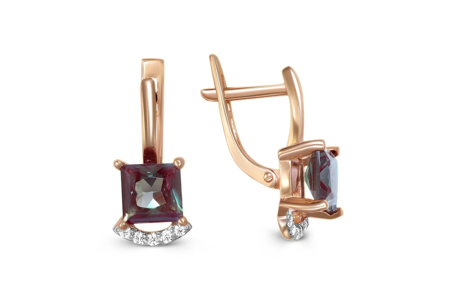 Серьги из красного золота с 2 александритами и 10 фианитами