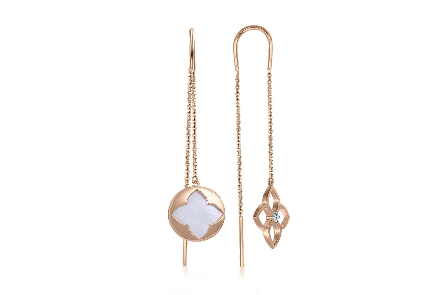 Серьги-продёвки Клевер из красного золота с перламутром и фианитом
