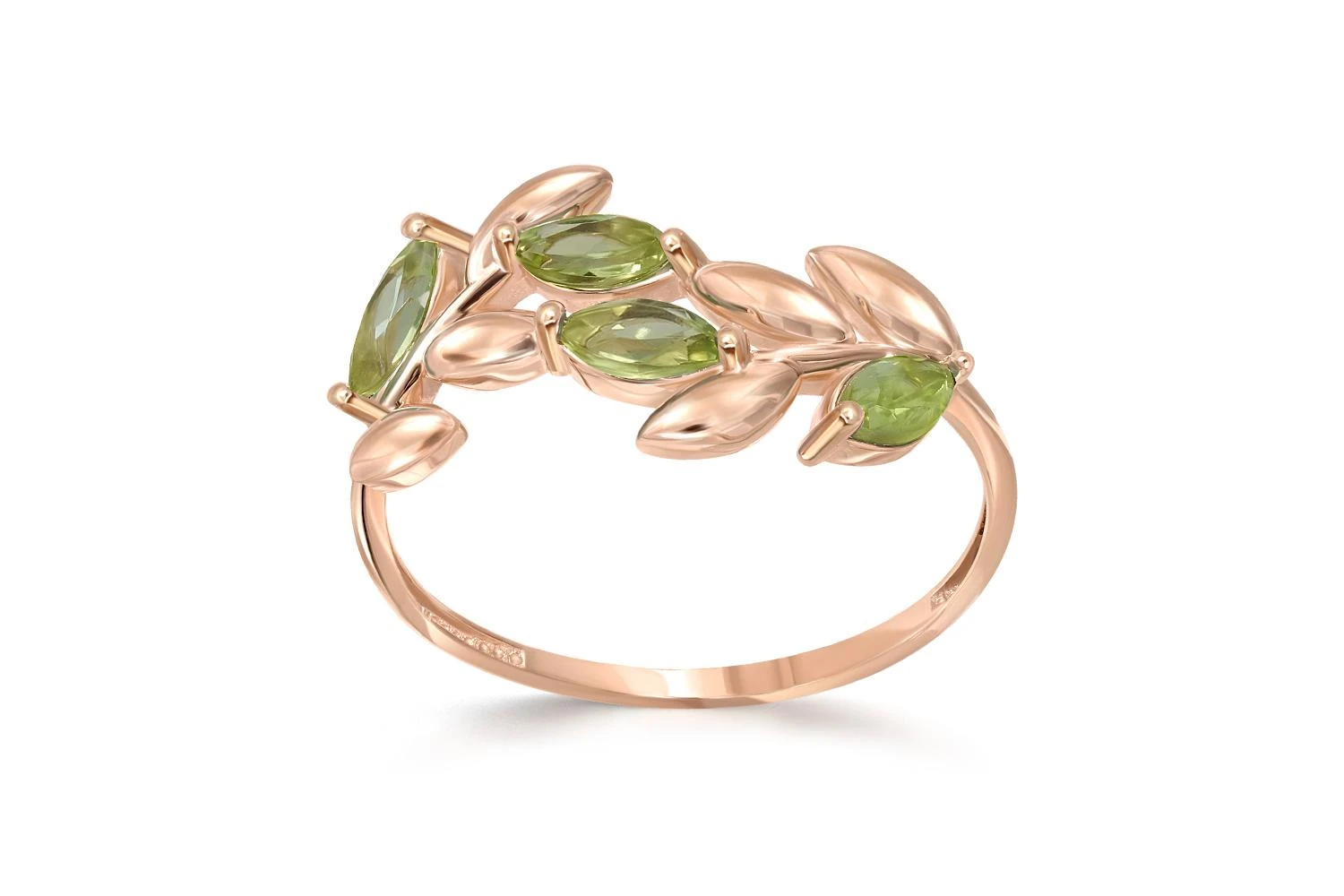 Кольцо Веточка из красного золота с 4 хризолитами