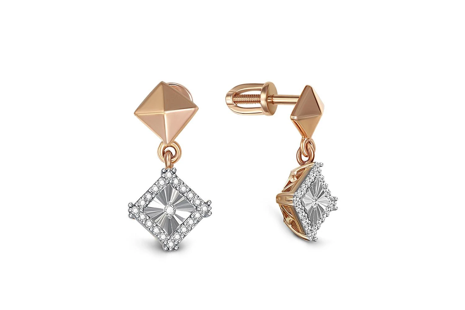 Серьги-пусеты Квадраты из красного золота с 42 бриллиантами