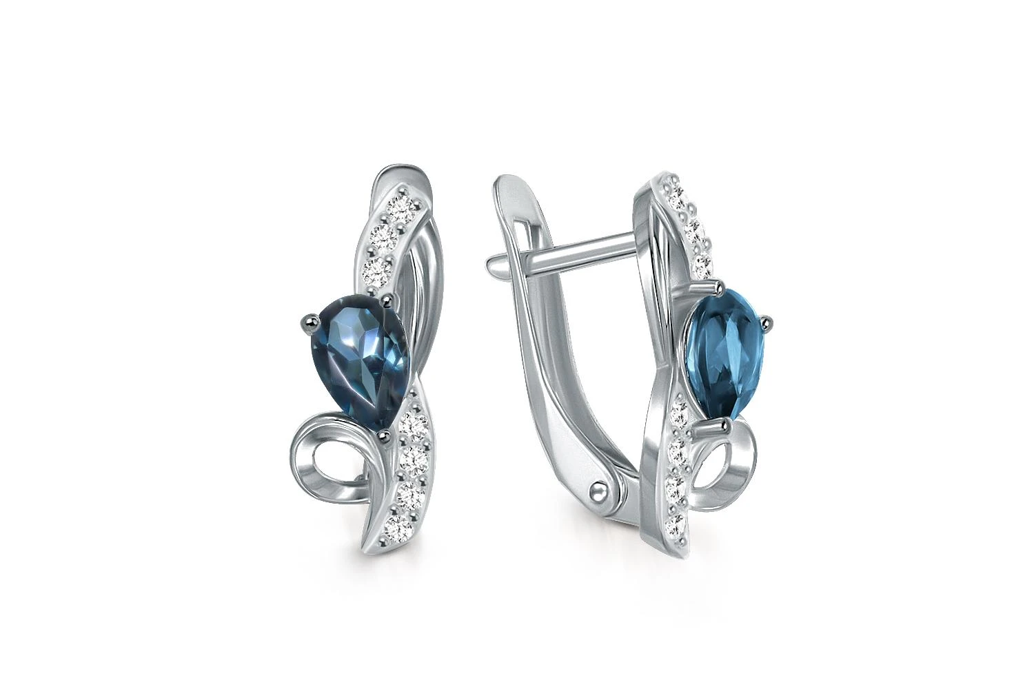 Серьги из белого золота с 2 топазами лондон и 14 фианитами