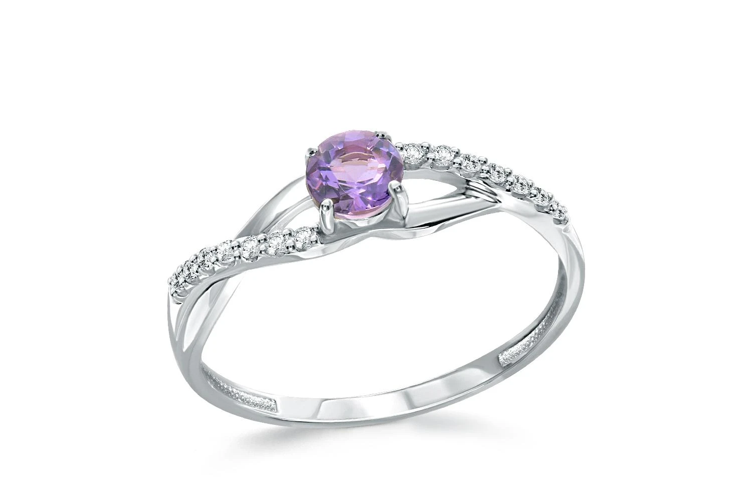 Кольцо из белого золота с аметистом и 14 фианитами