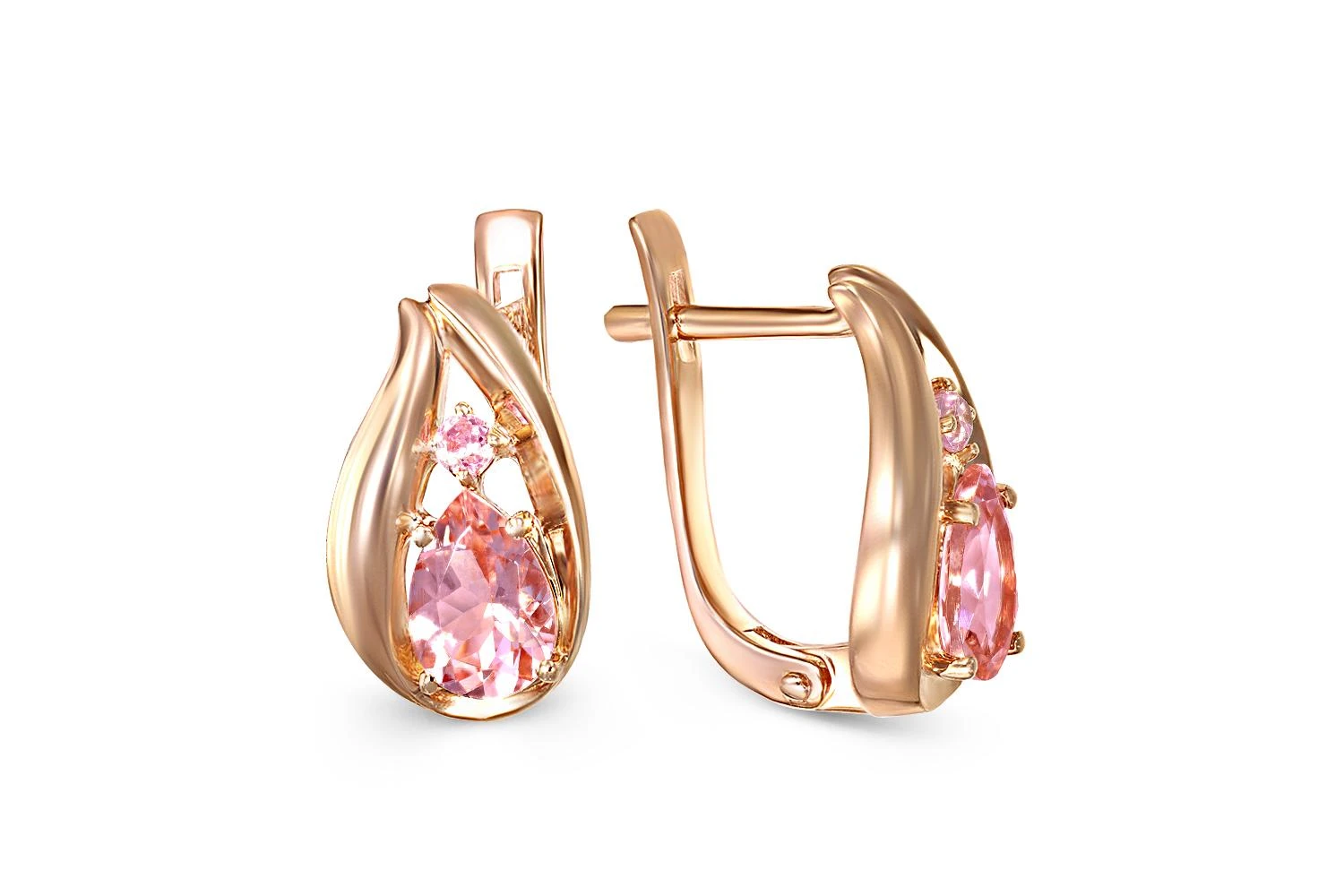 Серьги из красного золота с 2 морганитами и 2 фианитами