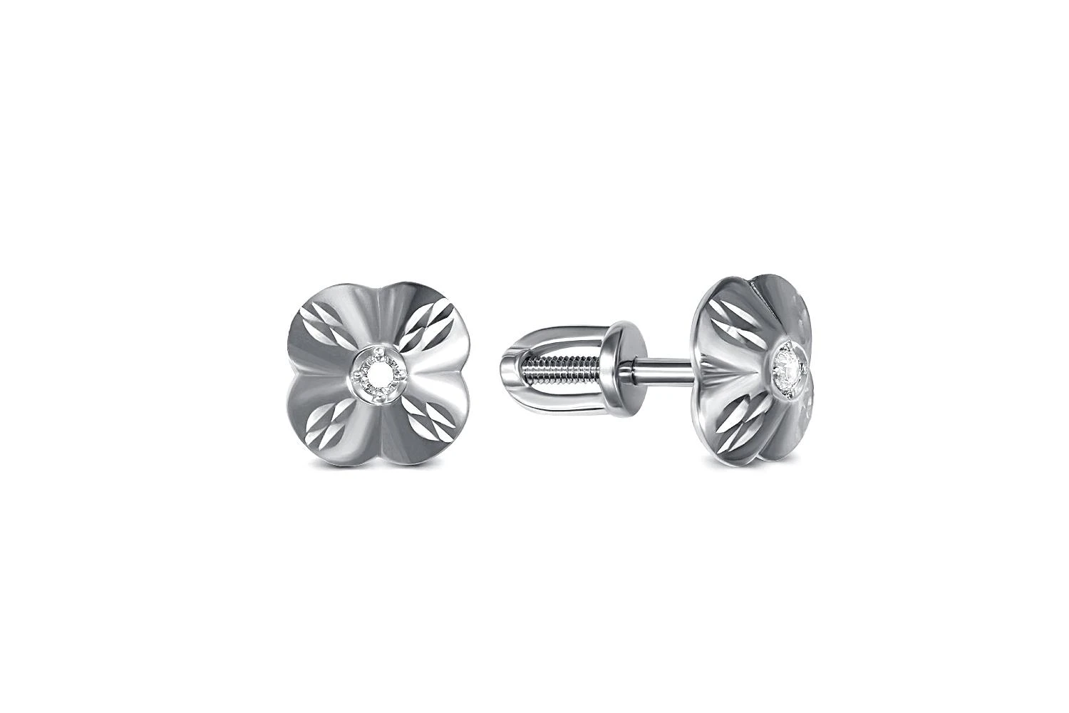 Серьги-пусеты Цветы из белого золота с 2 фианитами