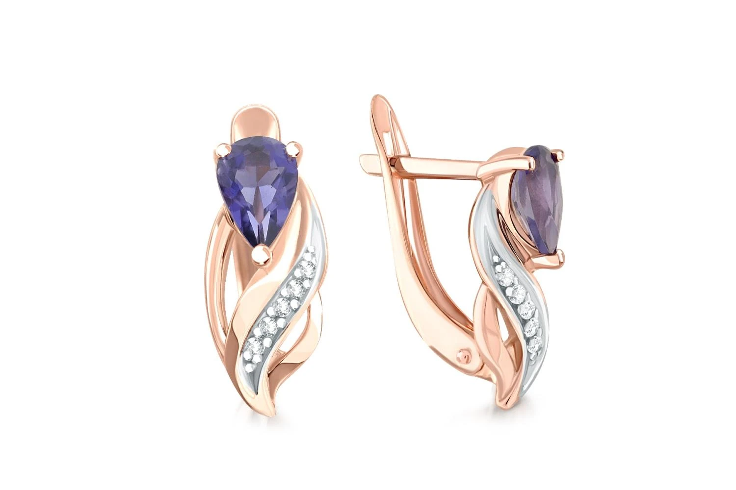 Серьги из красного золота с 2 иолитами и 10 фианитами