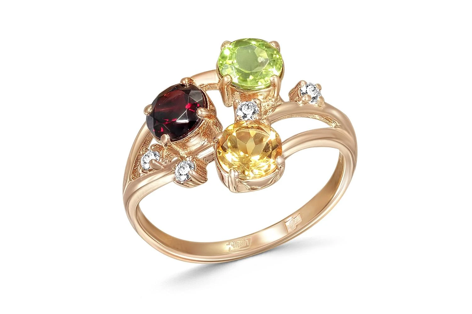 Кольцо из красного золота с гранатом, хризолитом и цитрином