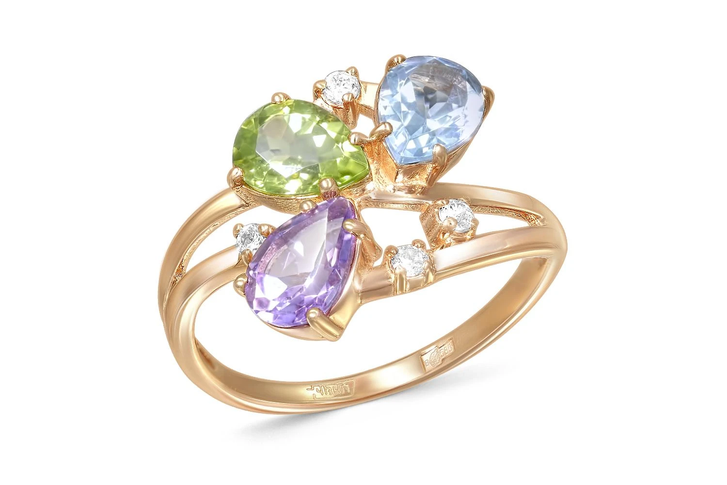 Кольцо из красного золота с аметистом, хризолитом и цитрином