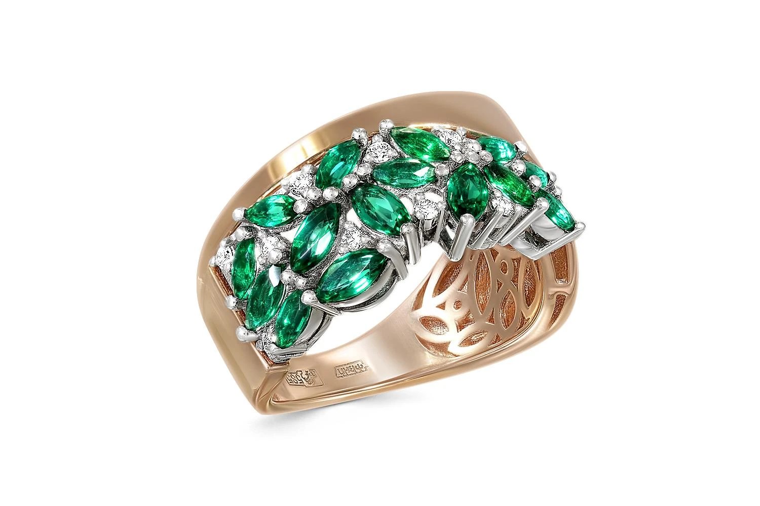 Кольцо из красного золота с 16 изумрудами и 9 бриллиантами