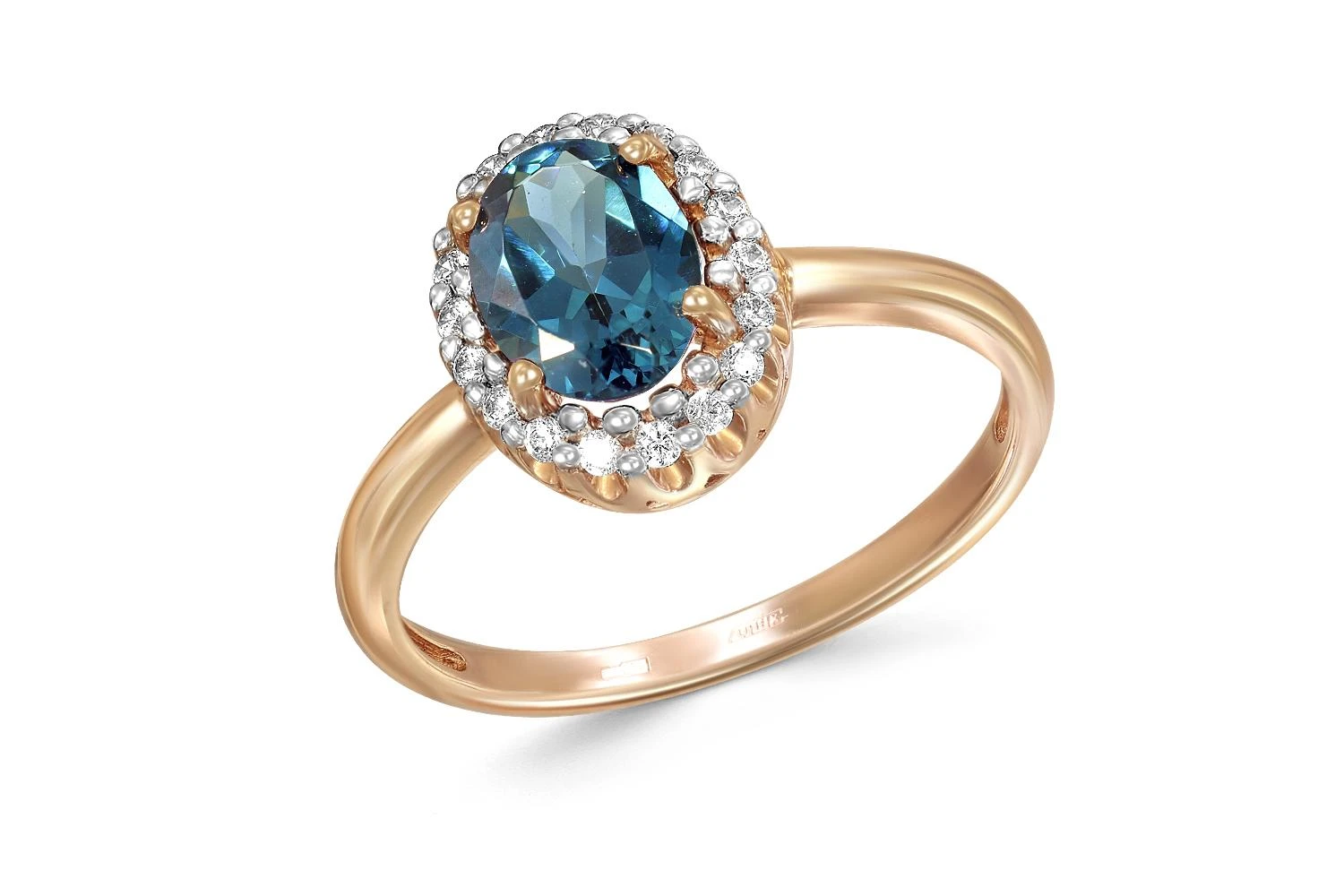 Кольцо из красного золота с кварцем и 18 фианитами