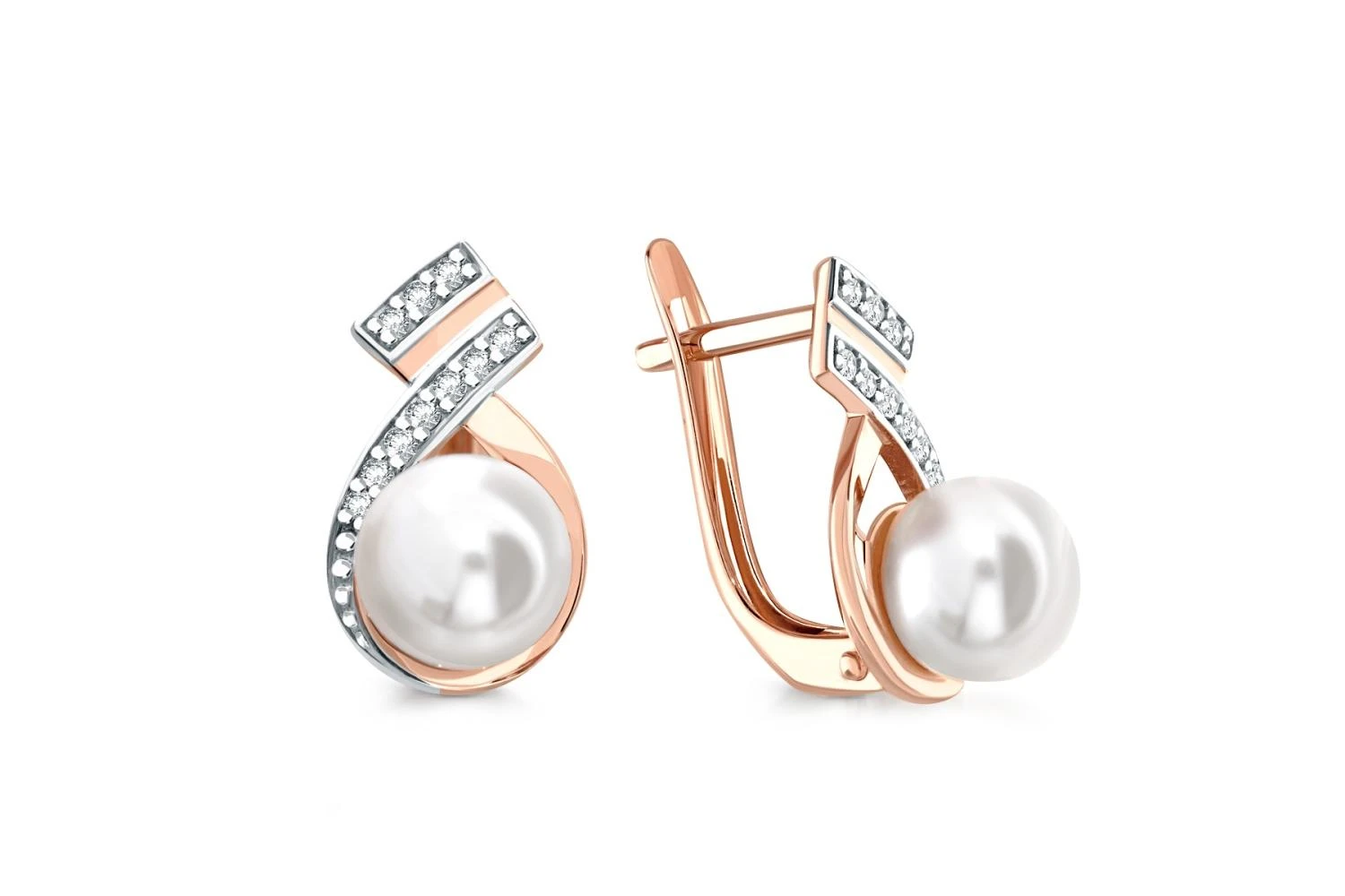 Серьги из красного золота с 2 жемчужинами и 20 фианитами