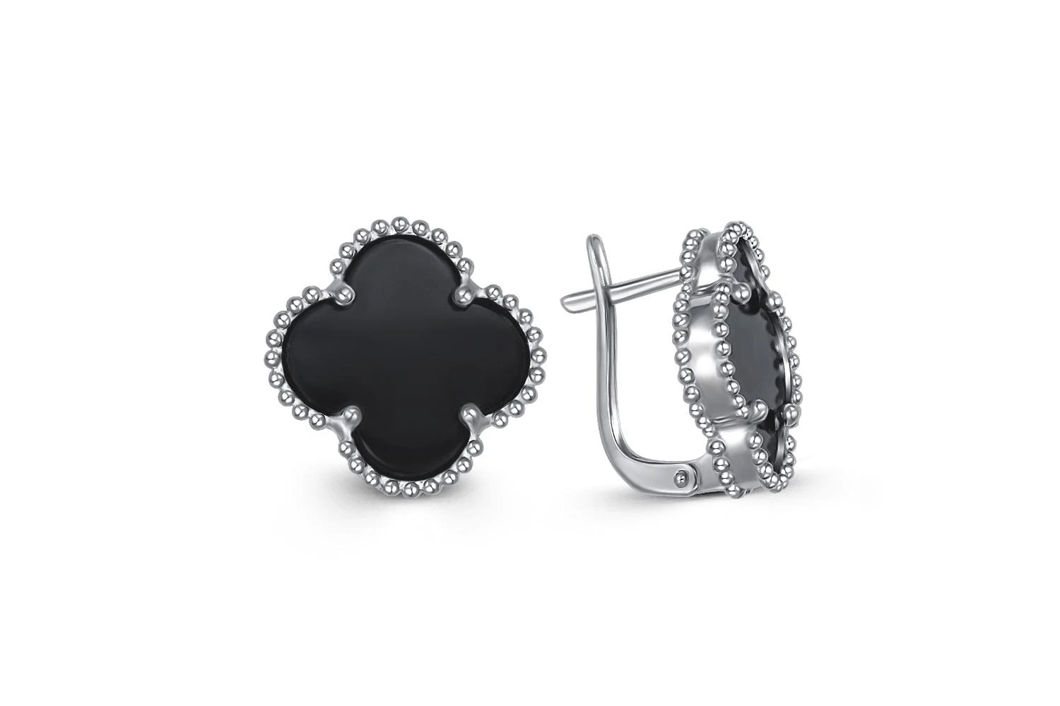 Серьги Клевер из белого золота с 2 ониксами