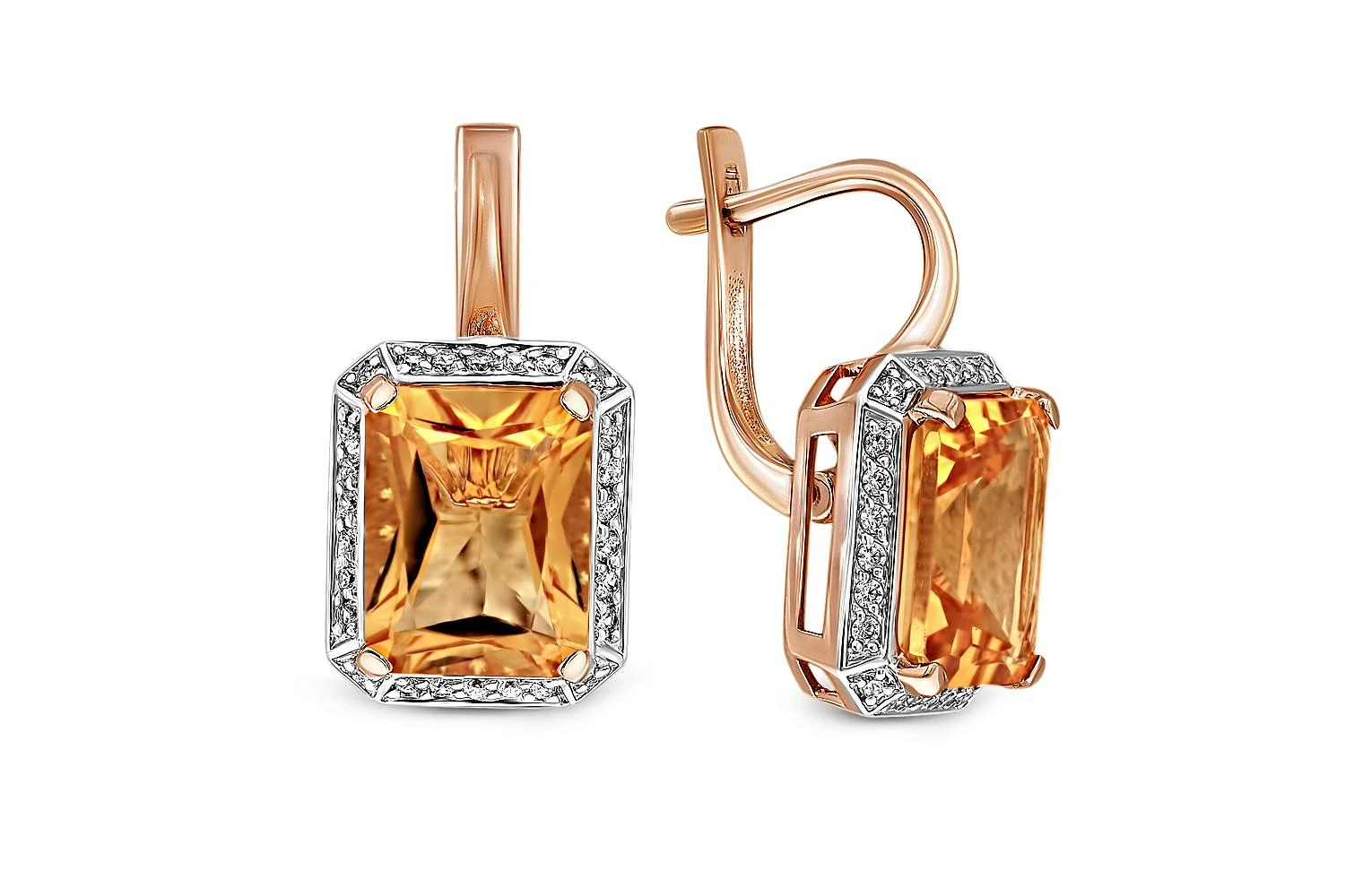 Серьги из красного золота с 2 цитринами и 52 фианитами