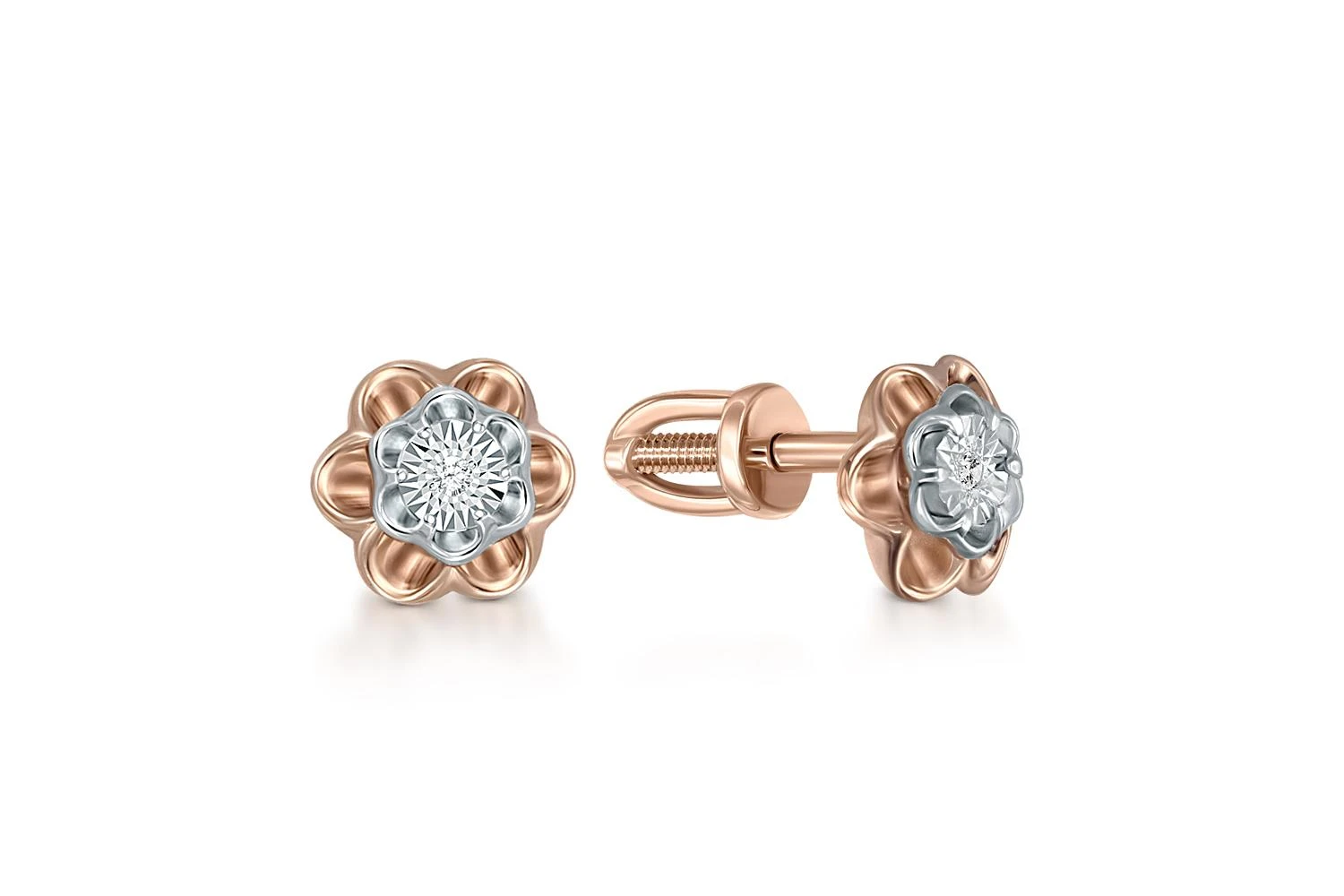 Серьги-пусеты Цветы из красного золота с 2 бриллиантами