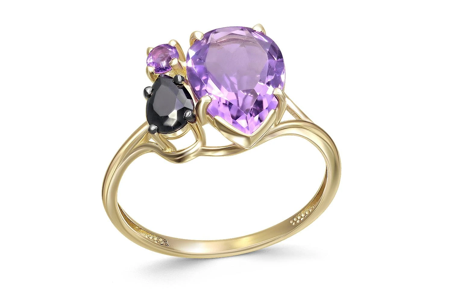Кольцо из жёлтого золота с 2 аметистами и фианитом