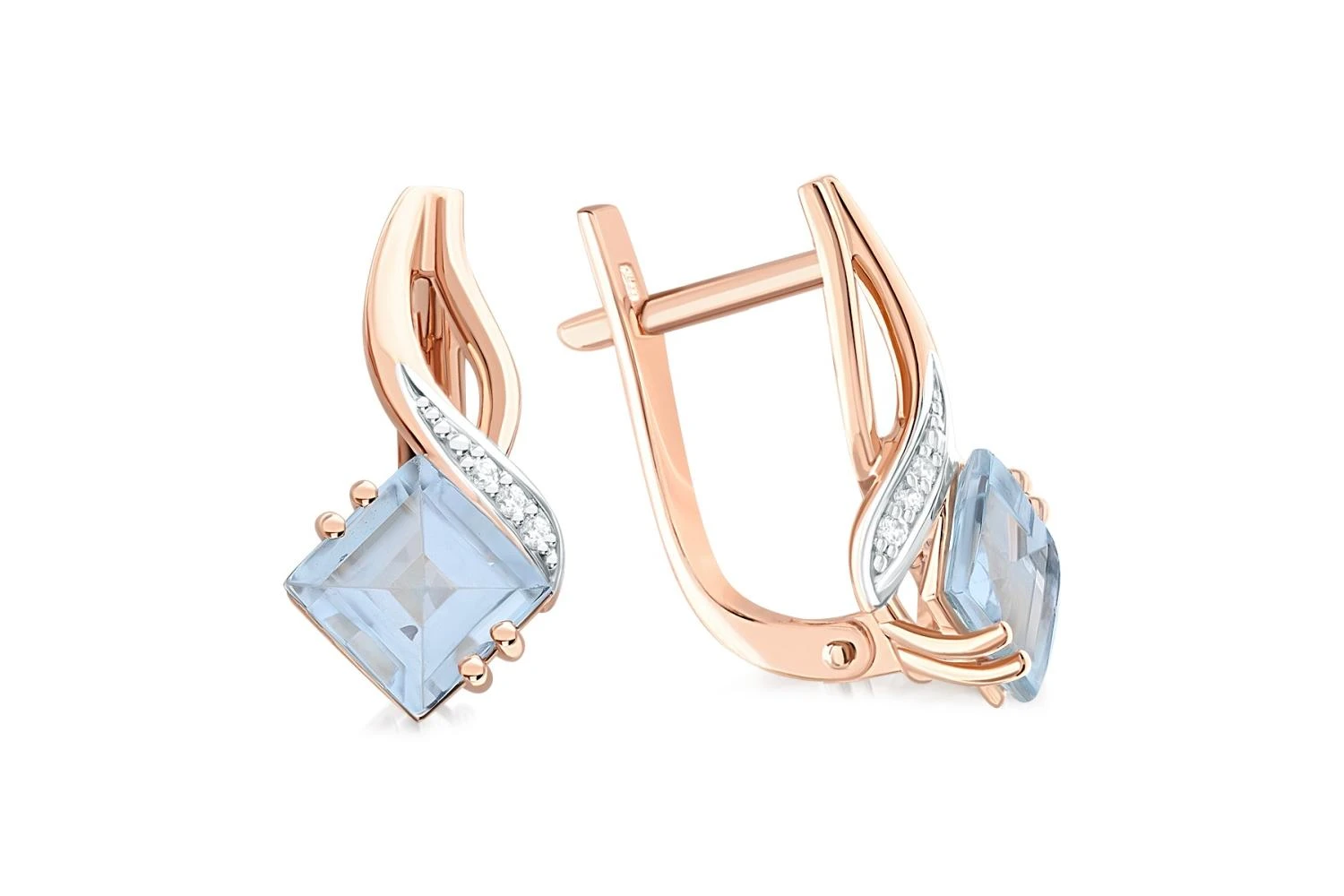 Серьги из красного золота с 2 топазами sky и 6 фианитами