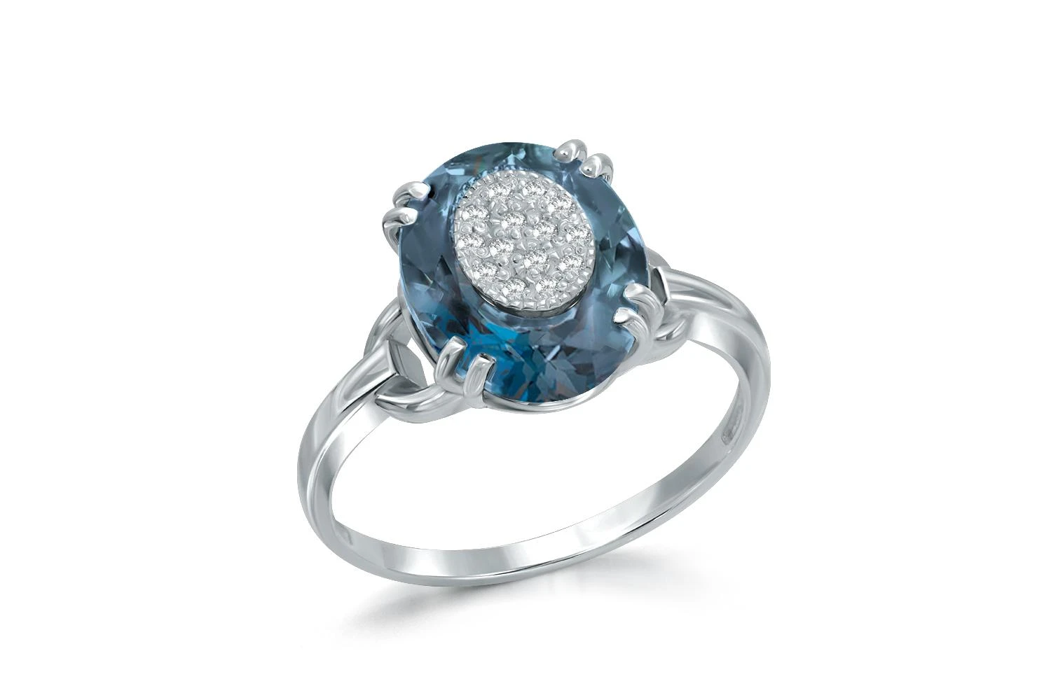 Кольцо из белого золота с топазом лондон и 14 бриллиантами