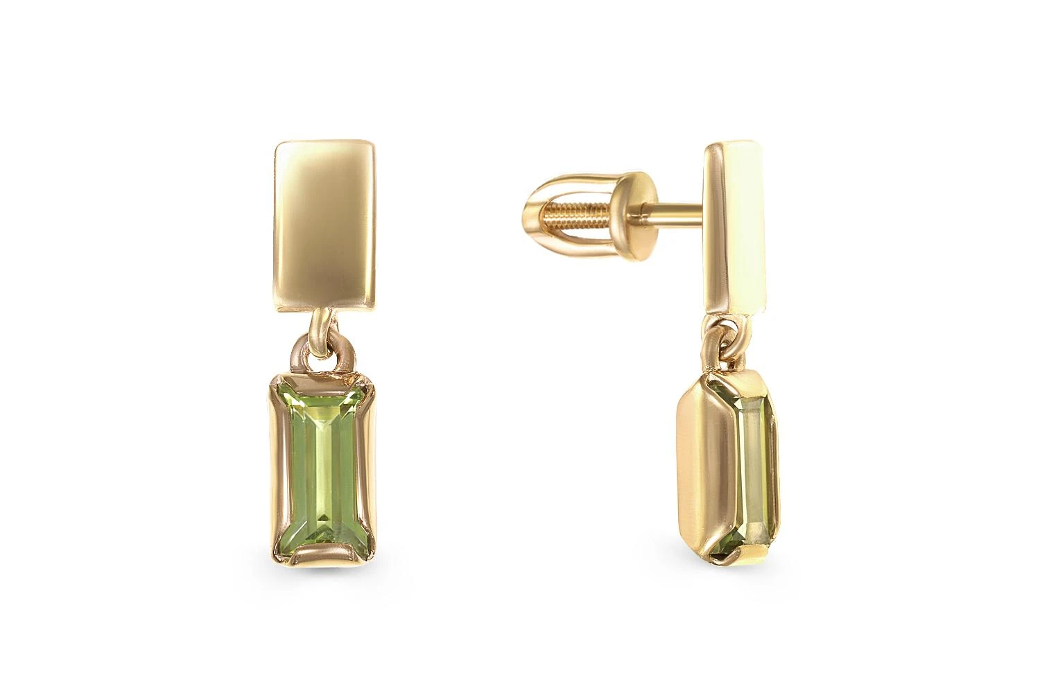 Серьги-пусеты Прямоугольники из жёлтого золота с 2 хризолитами