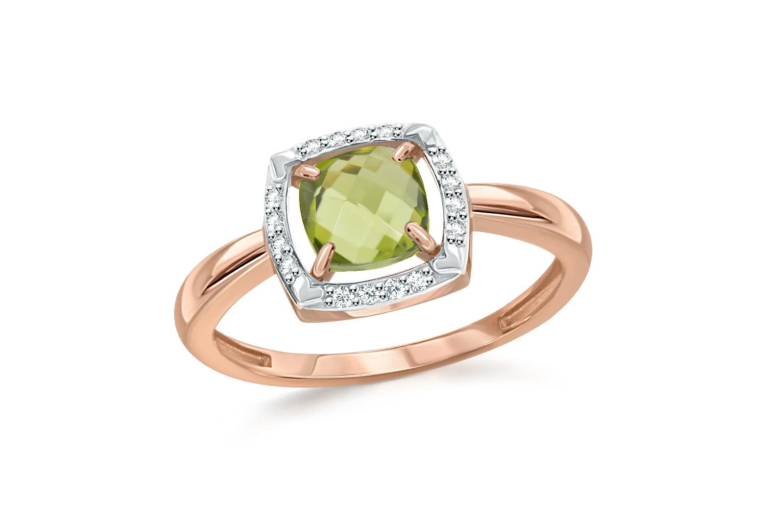 Кольцо из красного золота с хризолитом и 16 фианитами