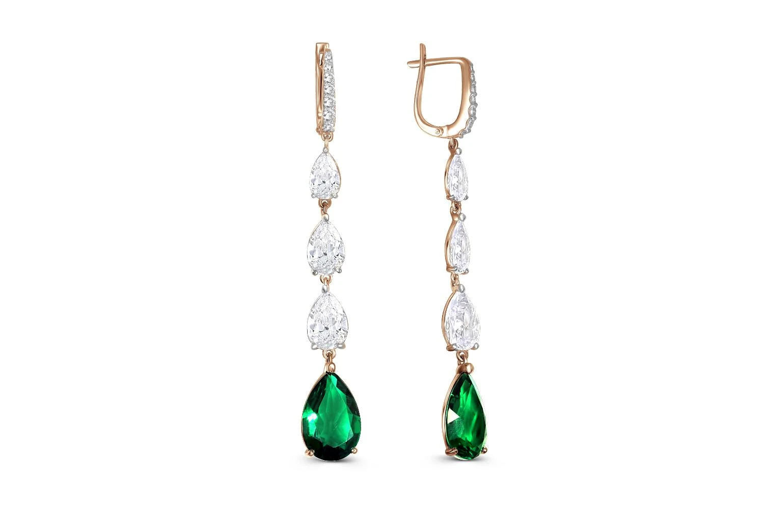 Серьги из красного золота с 2 изумрудами и 20 фианитами