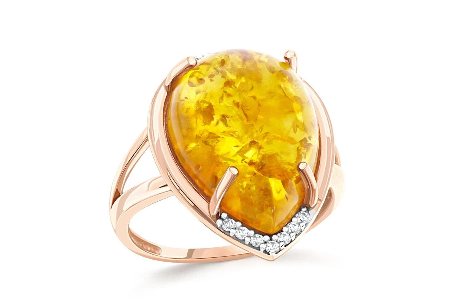 Кольцо из красного золота с янтарём и 14 фианитами