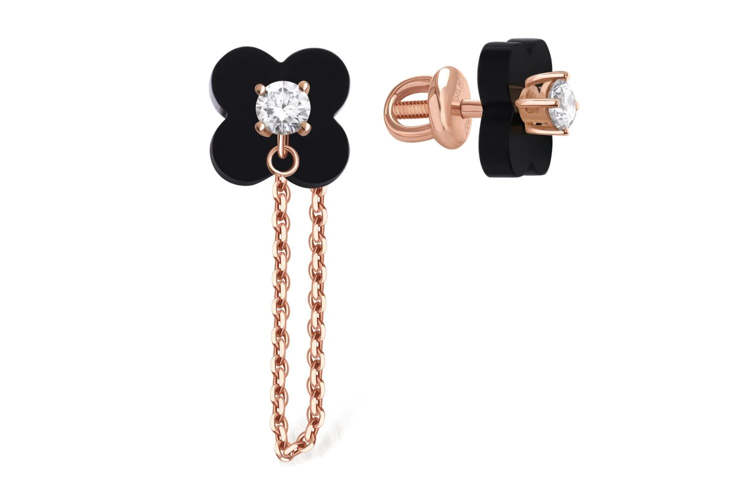 Серьги-пусеты Клевер из красного золота с 2 ониксами и 2 фианитами