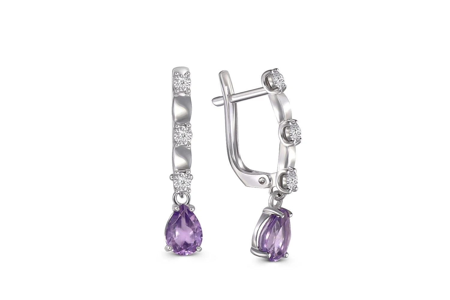 Серьги из белого золота с 2 аметистами и 6 фианитами