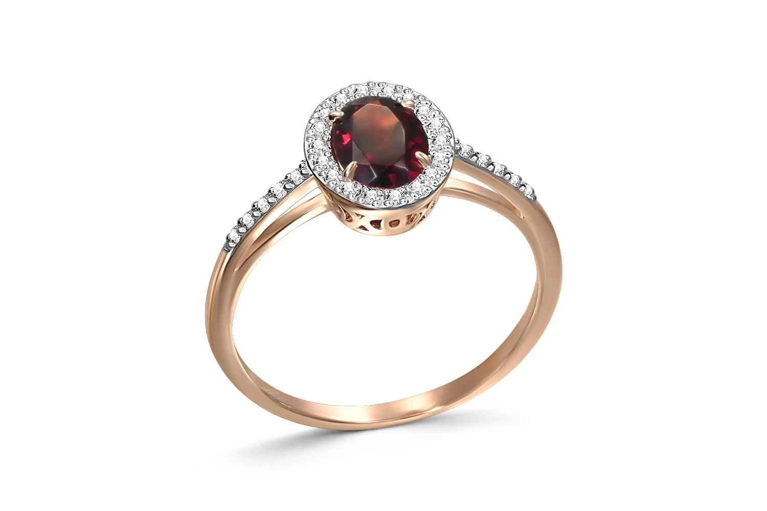 Кольцо из красного золота с гранатом и 28 фианитами