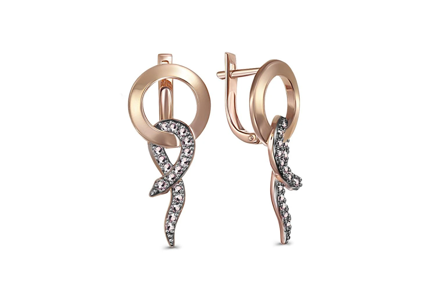 Серьги Змеи из красного золота с 34 фианитами