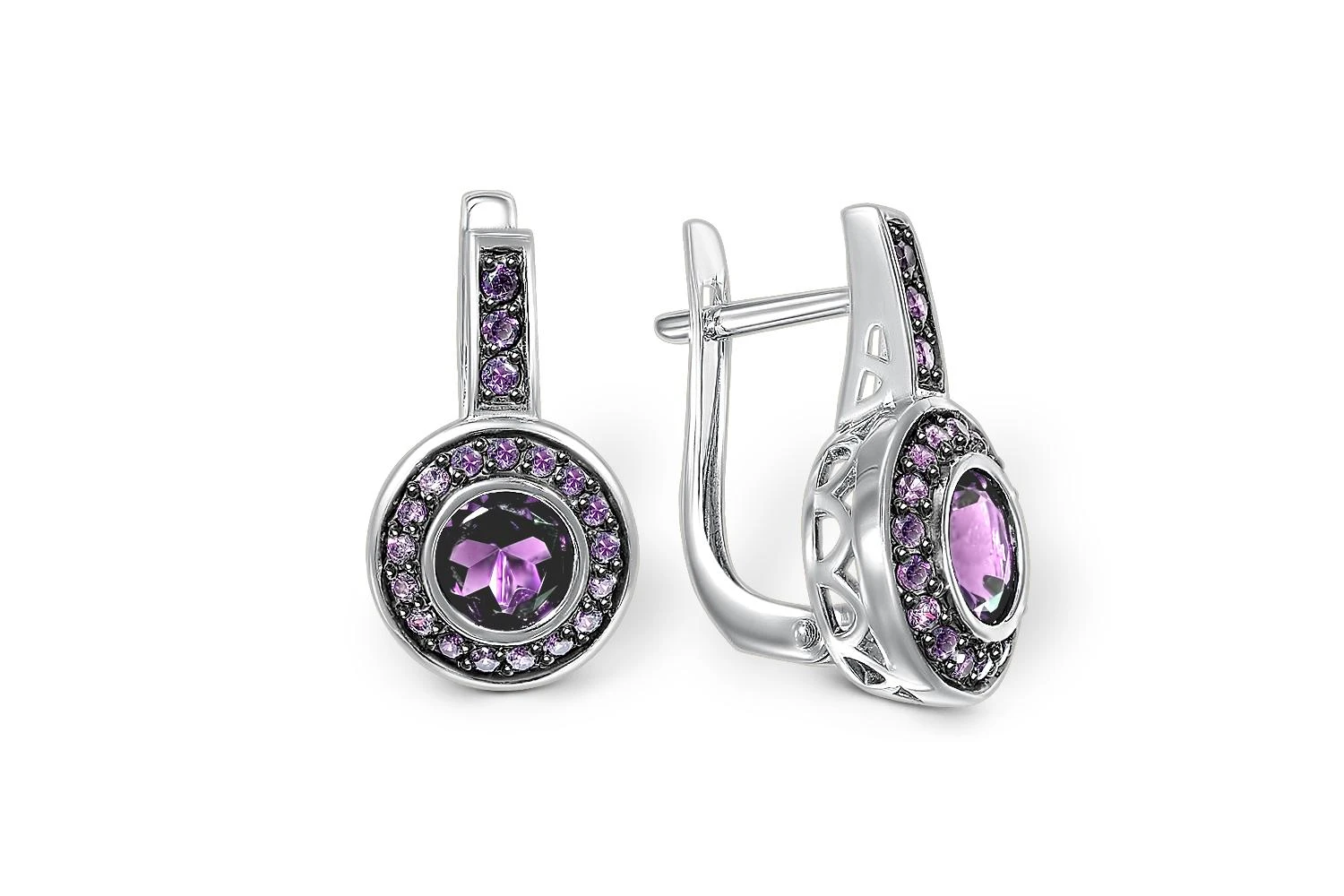 Серьги из белого золота с 2 аметистами и 40 фианитами