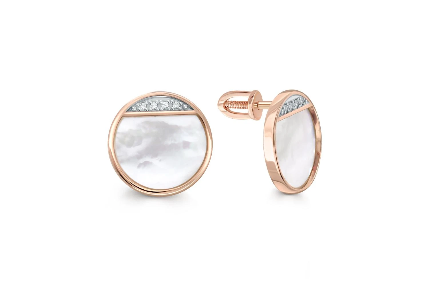 Серьги-пусеты Круги из красного золота с перламутром и 8 фианитами