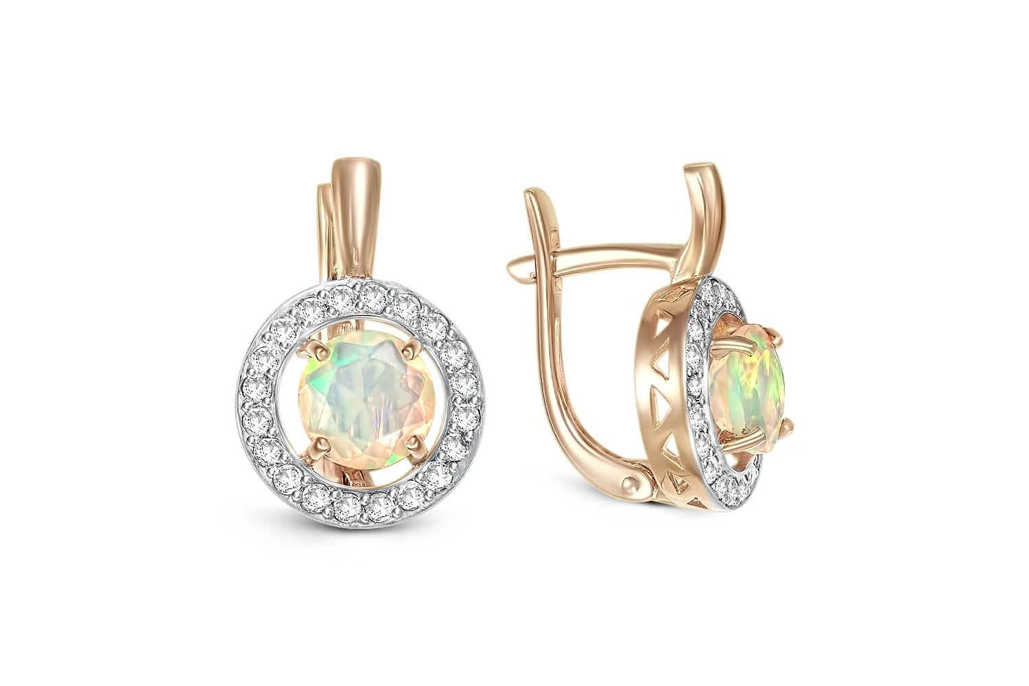 Серьги из красного золота с 2 опалами и 40 фианитами