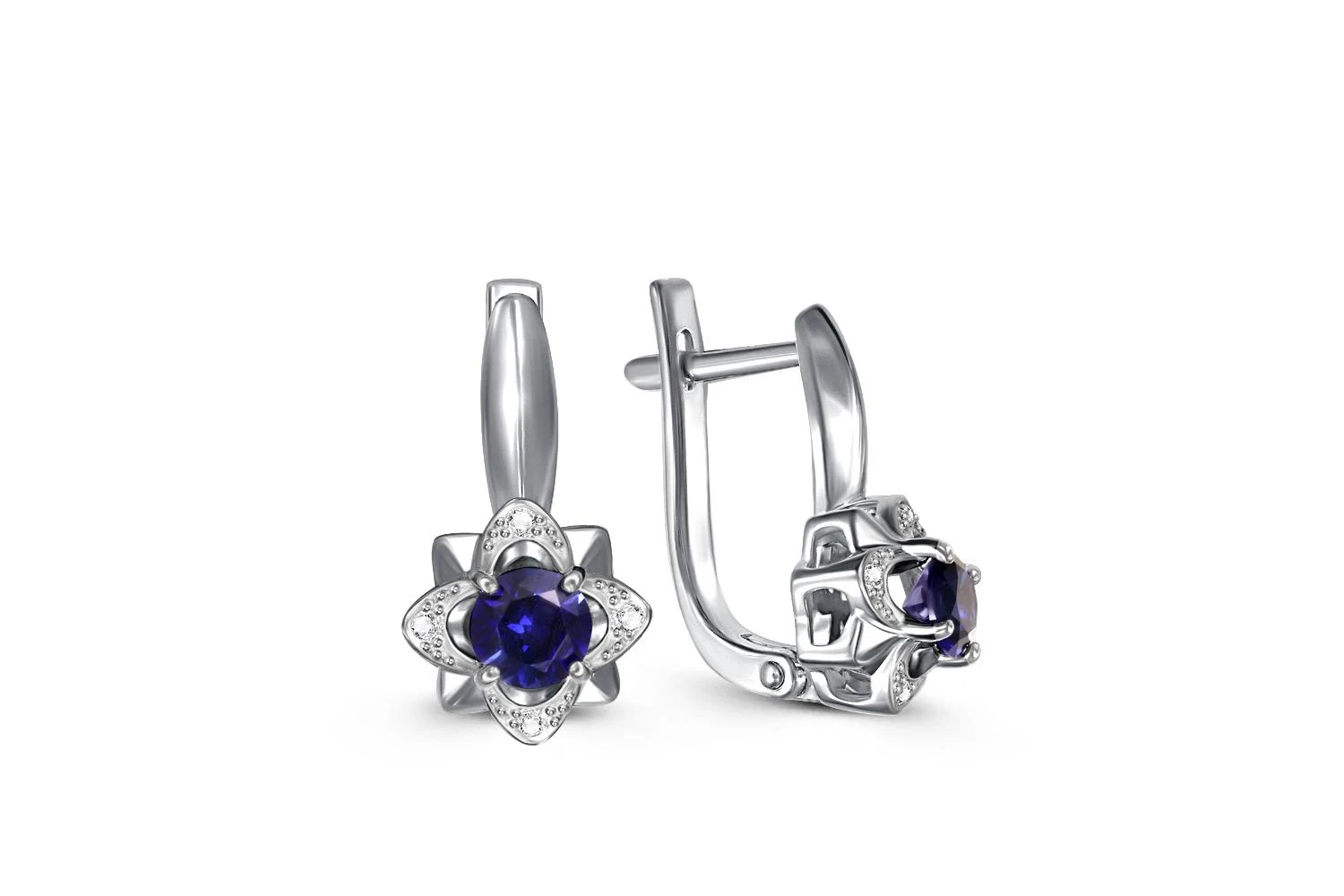 Серьги Цветы из белого золота с 2 корундами и 8 бриллиантами