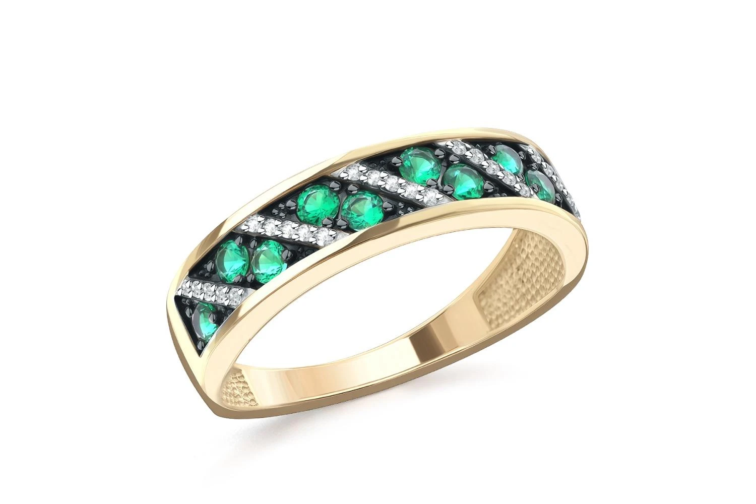 Кольцо из жёлтого золота с 10 изумрудами и 25 фианитами