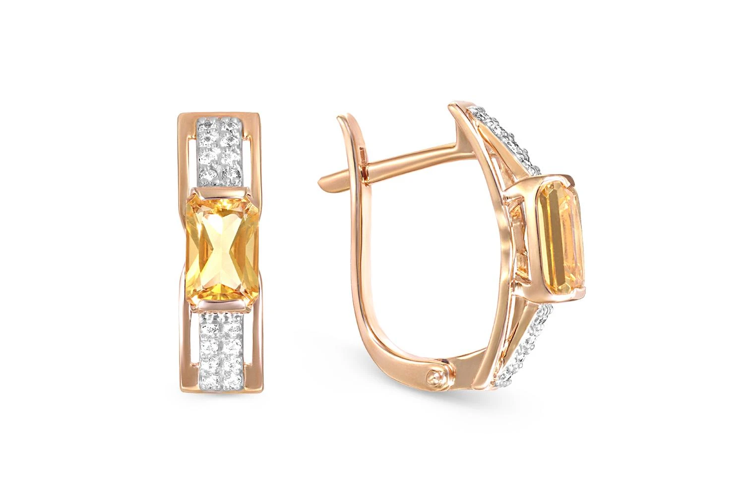 Серьги из красного золота с 2 цитринами и 32 фианитами