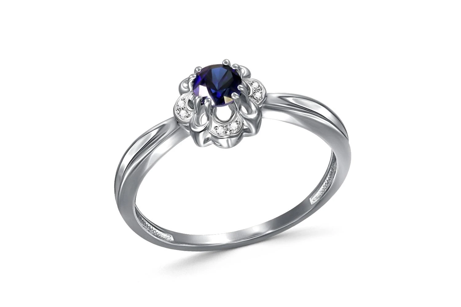 Кольцо Цветок из белого золота с корундом и 8 бриллиантами
