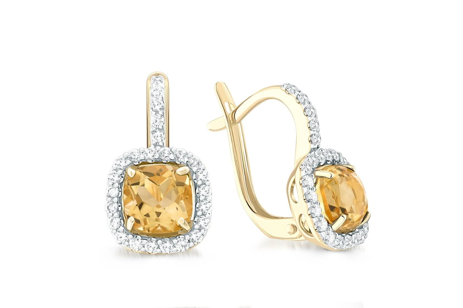 Серьги из жёлтого золота с 2 цитринами и 50 фианитами