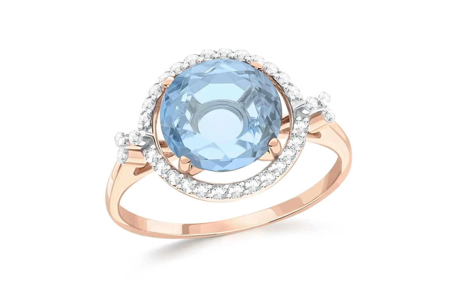 Кольцо из красного золота с топазом sky и 32 фианитами