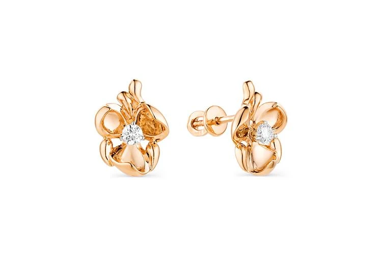 Серьги-пусеты Цветы из красного золота с 2 бриллиантами