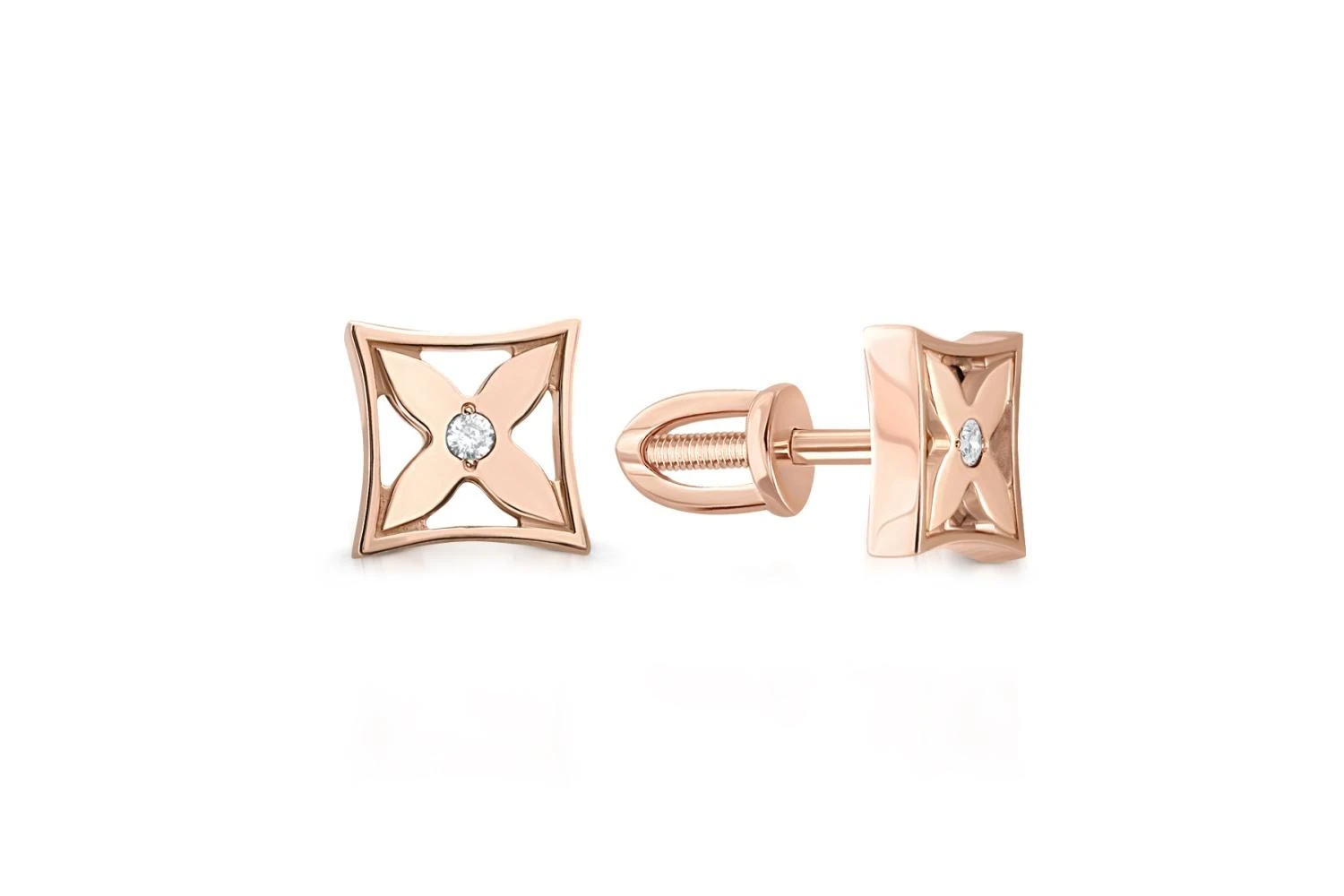 Серьги-пусеты Клевер из красного золота с 2 фианитами