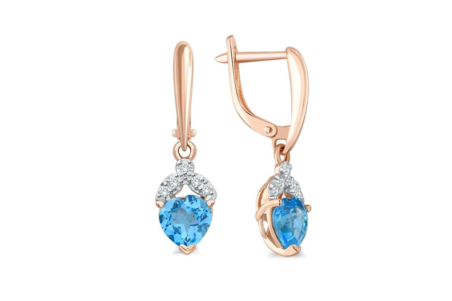 Серьги Сердца из красного золота с 2 топазами swiss и 10 фианитами